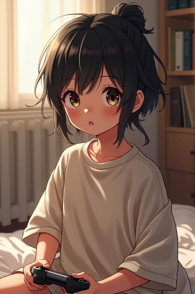 A nerd, Otaku girl, dressed on a oversized shirt and nothing more