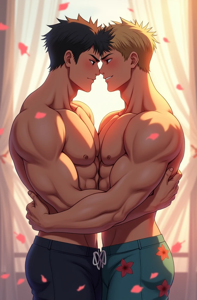 Two muscular boys together hugging the same anime fanart 