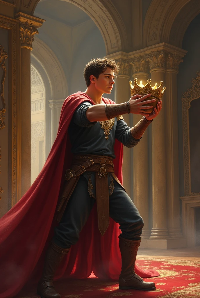 A young man protecting a crown.