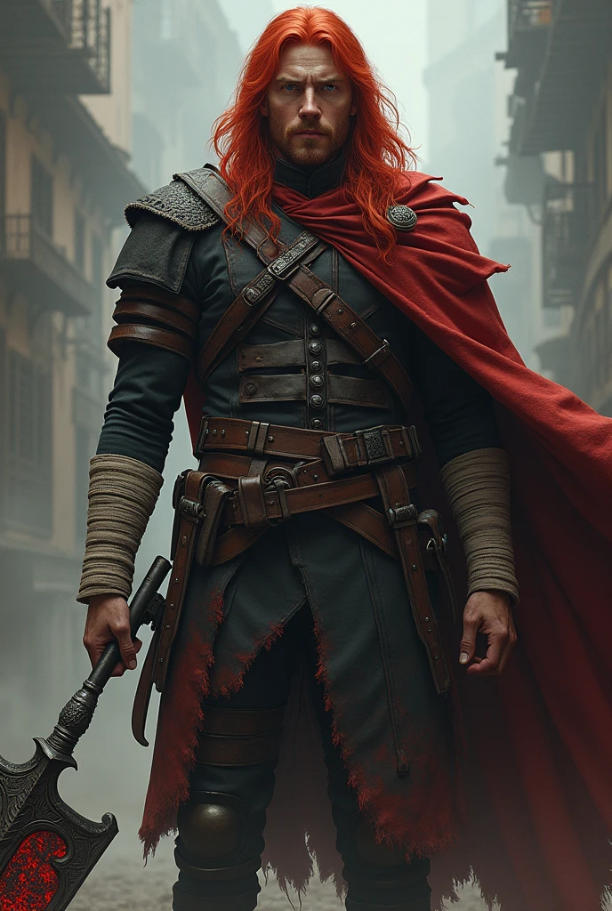 Morgan, the Crimson Red, is a towering figure at 1.92 meters, with striking, long red hair that flows down to his shoulders in wild, untamed locks. His hair frames a face that exudes both rugged strength and a calm, noble demeanor, giving him an aura of dignified authority.
He wears a black military lieutenant uniform, which bears the scars of countless battles. The uniform is tattered, with one sleeve of his cape in tatters while the other remains intact, symbolizing his relentless struggles. Bandages wrap around his arms and torso, a testament to the constant injuries he endures.
Morgan is afflicted by the Scarlet Blood Curse, a result of a failed experiment that attempted to harness the power of a mystical creature. This curse has granted him rapid regeneration and a life-draining ability linked to his weapon. His halberd, named Murmurius, is a cursed relic with a life of its own. The weapon’s design is both menacing and majestic, with dark, intricate engravings that pulse with an eerie light, reflecting the sinister power it holds.
Morgan’s overall appearance is a blend of a battle-hardened warrior and a figure bound by dark forces. His tattered uniform, bandages, and the ominous Murmurius create a powerful and haunting image, emphasizing both his formidable presence and the tragic nature of his cursed existence.
I would like it to be in a mature style, with the art in a fantasy and RPG style set in the Old West.