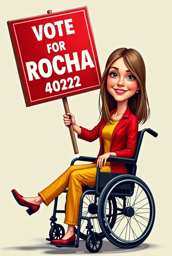 caricature of a 30-year-old white woman with brown eyes wearing red and yellow clothes and straight light hair in a wheelchair holding a sign with the name vote for Vi rocha 40222 in red