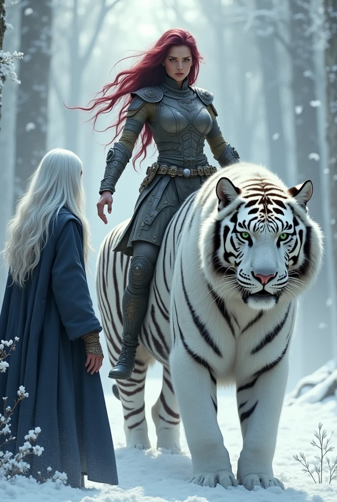 Woman with dark red hair, green eyes with yellow, wearing gray fighting gear, in a snowy white forest, on top of a white tiger facing a tall man with pointy ears, long white hair and light blue eyes, wearing navy blue tunic
