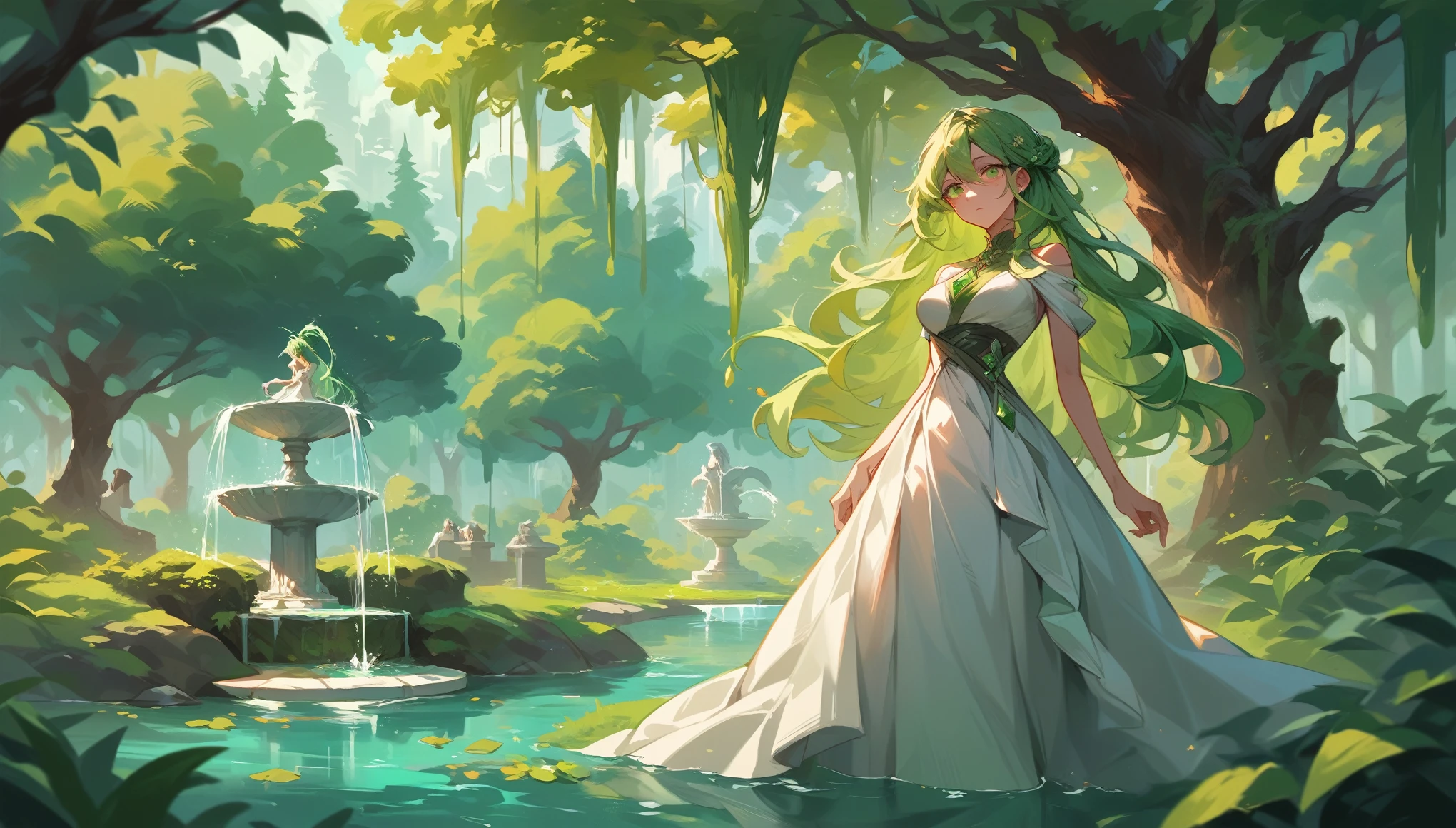 The goddess of spring, emerald green hair, long hair that reaches the waist, Scene of rising from the fountain, Floating in the great fountain, Sunlight filtered through forest trees, white gown