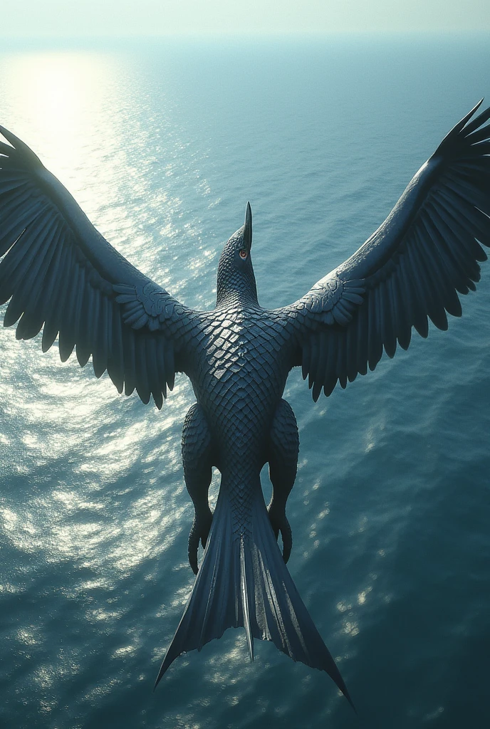 Eagle-Shark Hybrid: A fierce hybrid of an eagle and a shark, with the sharp eyes and talons of an eagle and the streamlined body and powerful tail of a shark. The creature soars above the ocean, its massive wings casting a shadow over the water as it searches for prey.