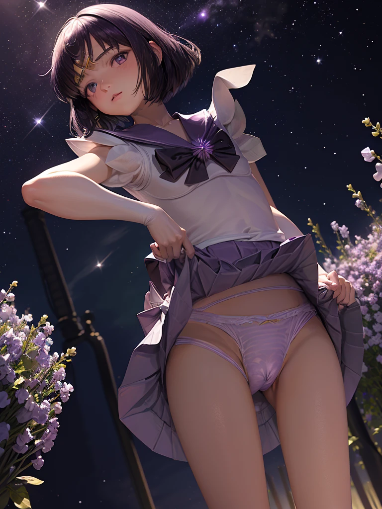 (masterpiece, Highest quality: 1.2), alone, 1 person, Sailor Saturn, Magical girl, shut up, Looking at the audience, Hands on hips, Sailor Warrior Uniforms, Pleated skirt, Elbow Bag, jewelry, (((brooch)), collar, Purple eyes, Space Background, milky way, whole body, distance composition, ((Small purple flowers)),((White panties:1.3))Cameltoe