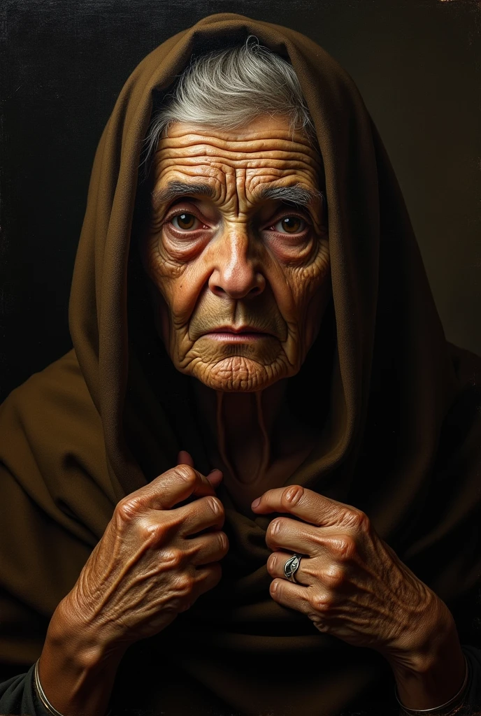 Berroco masterpiece, face of an old woman with a shawl on her head, and wrinkled hands, like coming out of the darkness, warm tones, very high contrasts, realism, Caravaggio, tenebrismo, black dark background, oil painting, Baroque