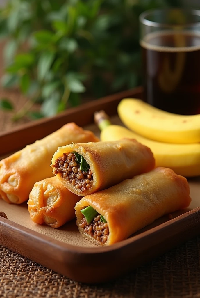 Lumpia, rice banana in a tray