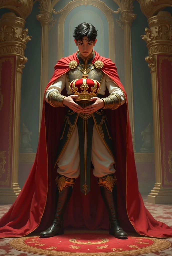 A young man protecting a crown.