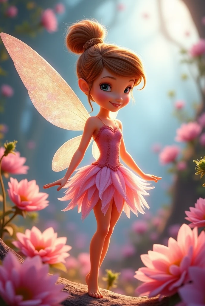 Image with the magic of Pixar, Tinkerbell&#39;s Friend Rosette, a white fairy with brown hair and eyes, dress made of a pink flower and transparent wings 