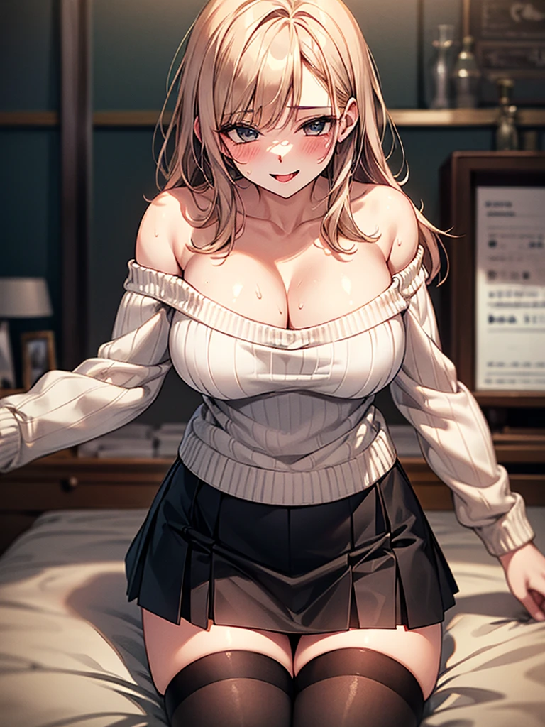 ((Highest quality)), ((masterpiece)), (detailed), One person,Age 25,(White knitted sweater),(mini skirt),Shoulder Bare,Big Breasts,blush,Underbust,(Her cleavage is visible),(Excited expression),(Seduce),night,indoor,Dim lighting,(In a dimly lit room),(In a messy room),Browsing Caution,sexy,Dirty room,Sweat,(Black knee-high socks),(Moving my tongue up and down),(She holds the man&#39;s penis between her breasts and sucks the tip.),(A man hugs me from behind)