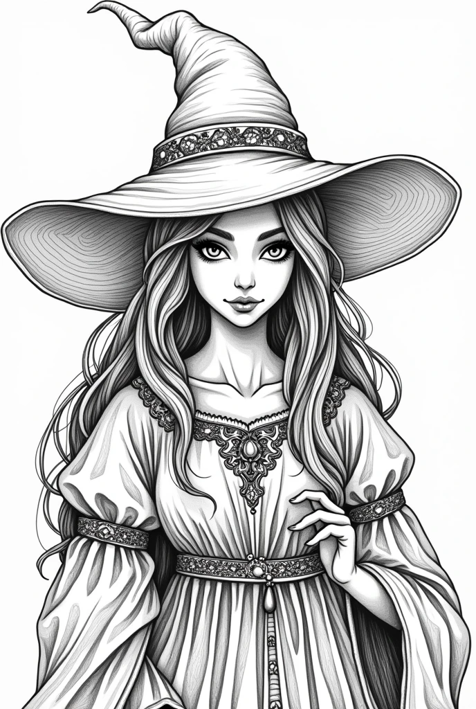 A 4k quality adult coloring book page of a witch, based on historic writings, high detail, no color, no darkened areas, no grey scale, no shadow.