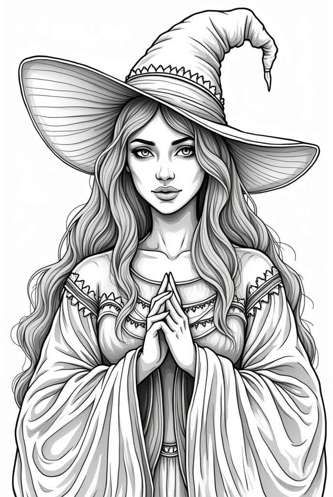 A 4k quality adult coloring book page of a witch, based on historic writings, high detail, no color, no darkened areas, no grey scale, no shadow.