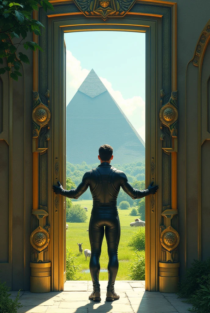 Un homme avec des vêtements futuristes pousse des deux mains des portes futuristes avec des figures géométriques de couleurs différentes sur la porte et devant lui une pyramide avec de l'herbe et des animaux ,le tout ressemblent à la peinture que j'ai publié