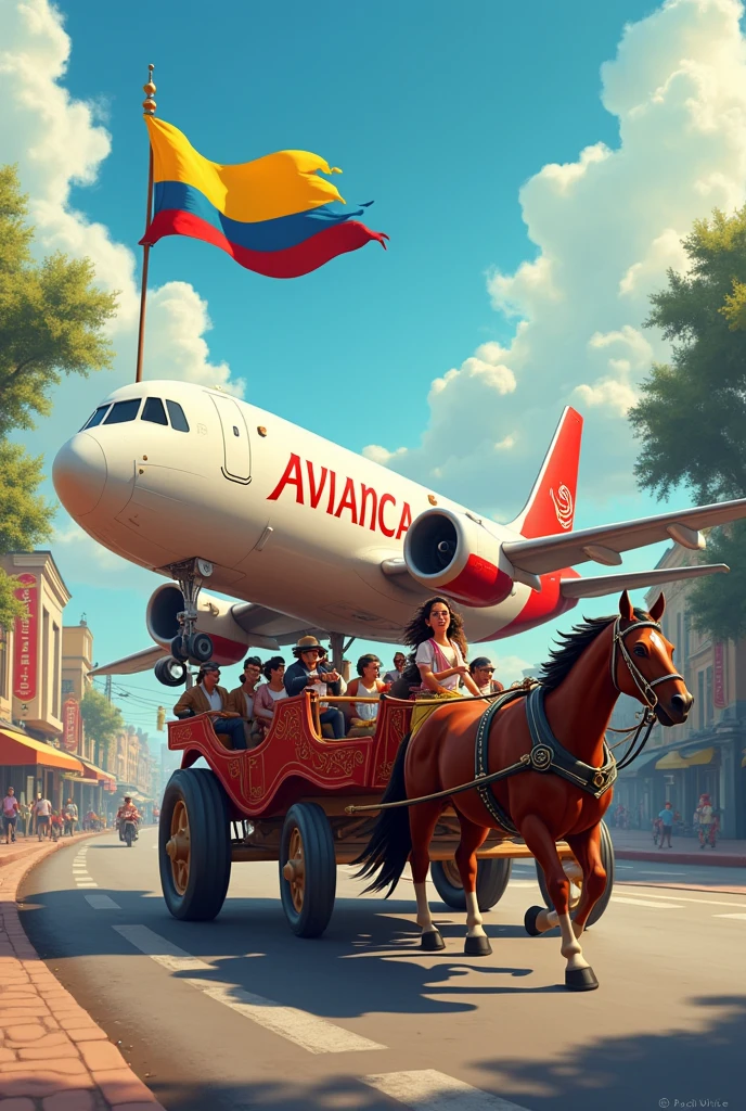 Cartoon of a white and red Avianca plane turned into a horse-drawn carriage on the streets of a Colombian city with the Colombian flag