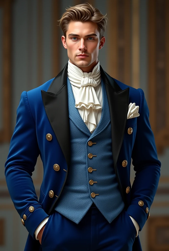 A handsome 30-year-old prince with blue eyes, light brown hair with blond tones and very white skin., His face reflects the maturity of a strong man. His jaw is square and perfect. He has a perfectly athletic and muscular body. He wears a suit. (Victorian year 1847 ) Royal blue velvet with black satin lapels and gold buttons. He wears a light blue vest with a brocade pattern, a white linen shirt ( victorian)  and a silk tie ( victorian ) dark blue. His tight pants ( Victorians) match with black leather boots ( victorians), displaying a regal and elegant bearing worthy of the nobility of Monaco 