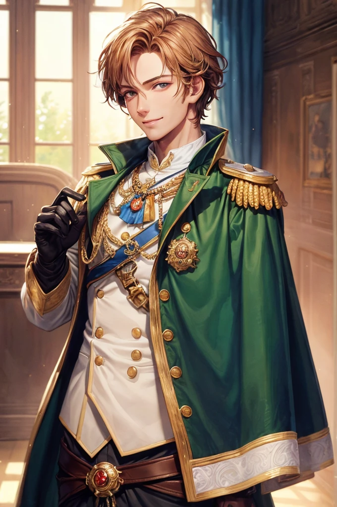 ((masterpiece)), ((best quality)), ((8k resolution)), ((max quality)), detailed eyes, 1 man, brown eyes, masculine, nice hands, perfect hands, short honey-blond hair, fantasy manor interior background, clear background, handsome, calm smile expression, prussian tunic, justice balance scale badge, oneside cape, gloves, close-up, front view, medium shot