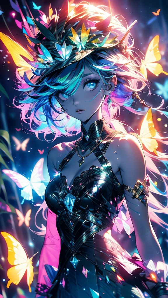 Enchanted Mystical Girl, neon colored butterflies, mini golden fairies, Glowing mushrooms releasing pollen, (ultra-realistic), {extremely detailed 8k CG unity wallpaper}, (A low view that prioritizes the entire scene), (Fully open field view), (low angle shot), (destacados: 1.5), (low light: 1.0), (Warm Light Source: 1.0), complexdetails, (Iridescent Colors: 1.5), (bright lighting), (atmospheric lighting), naturey, magical