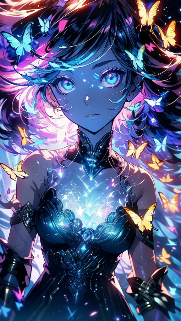 Enchanted Mystical Girl, neon colored butterflies, mini golden fairies, Glowing mushrooms releasing pollen, (ultra-realistic), {extremely detailed 8k CG unity wallpaper}, (A low view that prioritizes the entire scene), (Fully open field view), (low angle shot), (destacados: 1.5), (low light: 1.0), (Warm Light Source: 1.0), complexdetails, (Iridescent Colors: 1.5), (bright lighting), (atmospheric lighting), naturey, magical