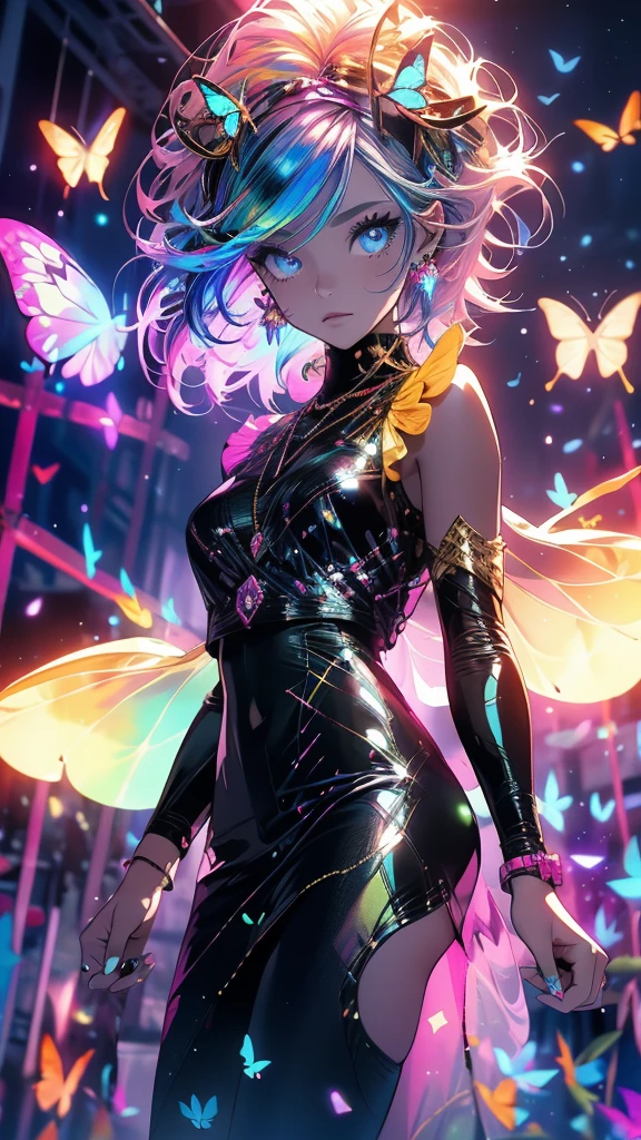 Enchanted Mystical Girl, neon colored butterflies, mini golden fairies, Glowing mushrooms releasing pollen, (ultra-realistic), {extremely detailed 8k CG unity wallpaper}, (A low view that prioritizes the entire scene), (Fully open field view), (low angle shot), (destacados: 1.5), (low light: 1.0), (Warm Light Source: 1.0), complexdetails, (Iridescent Colors: 1.5), (bright lighting), (atmospheric lighting), naturey, magical