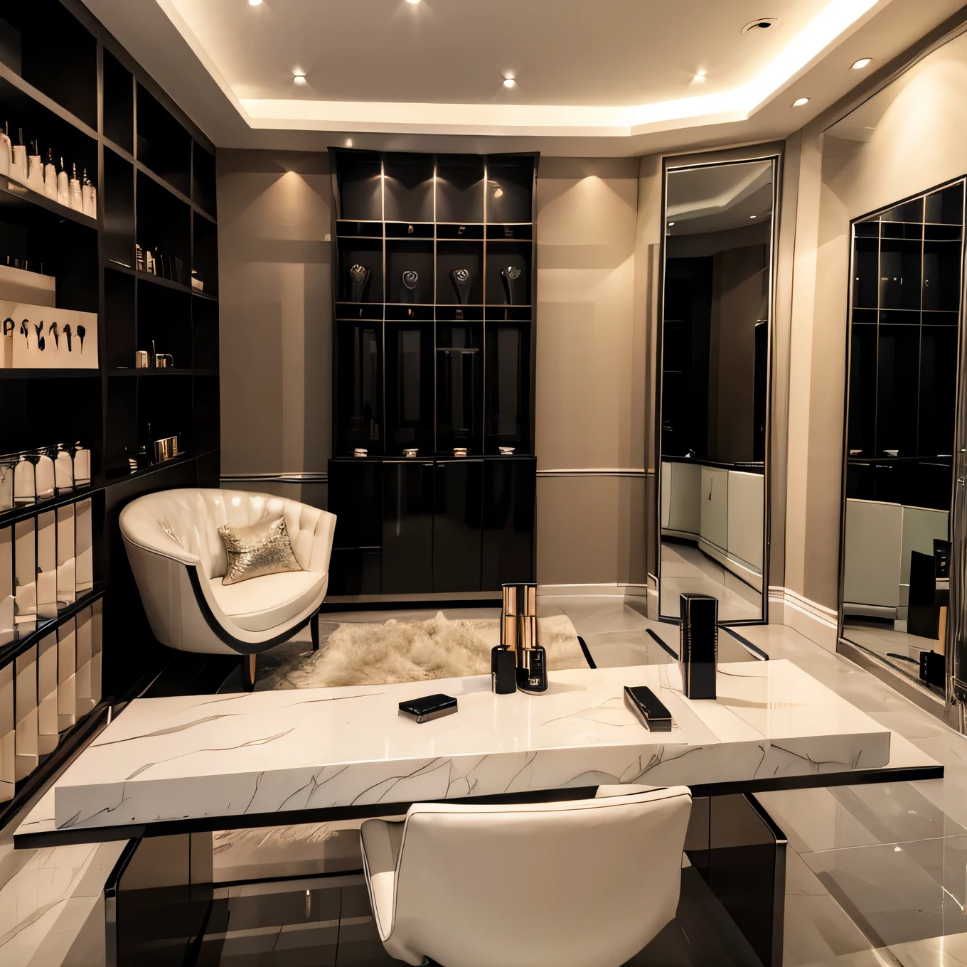 Very beautiful luxury room with makeup materials like foundation lipsticks very lightning with and having salon material very beautiful