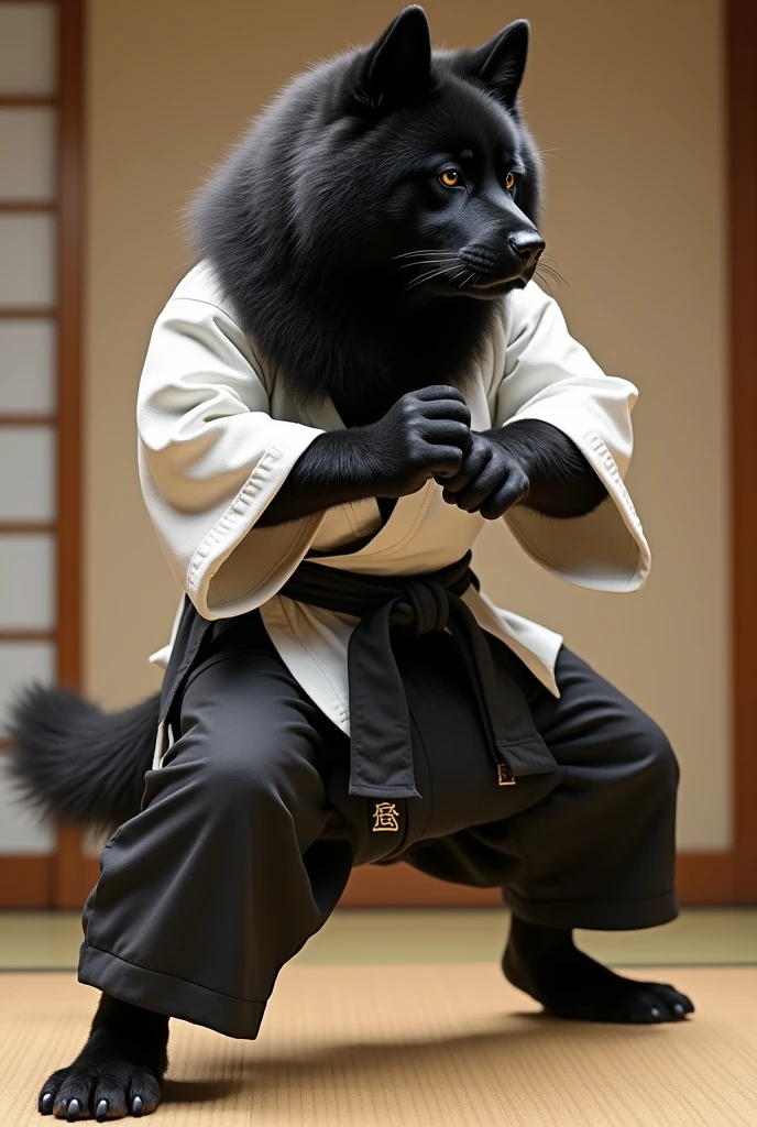 A black Akita. In a sushi chef outfit. Doing a karate pose.
