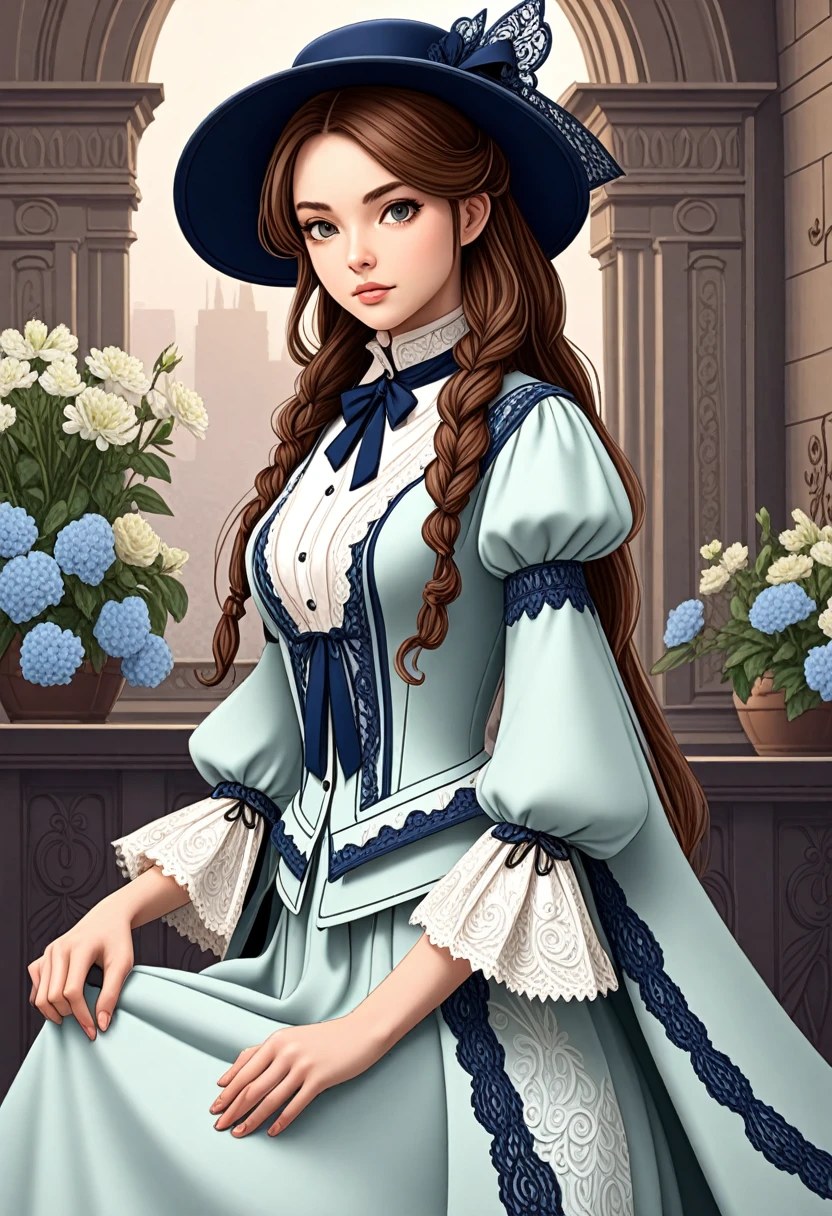 A detailed line art illustration of a female character designed for coloring practice. The character is standing in a neutral yet elegant pose, with bold, clear outlines that define the shapes and intricate details. She is dressed in a Victorian-era outfit inspired by the novel Lord of the Mysteries, featuring a high-collared coat, a layered skirt with lace trims, and elaborate accessories like a wide-brimmed hat adorned with a ribbon. The clothing should have multiple textures, including fabric folds, buttons, and lace, offering varied areas for practicing coloring and shading. Her expression is calm and mysterious, with medium-length hair styled neatly. The background is minimal to focus on the character, making it ideal for detailed coloring practice