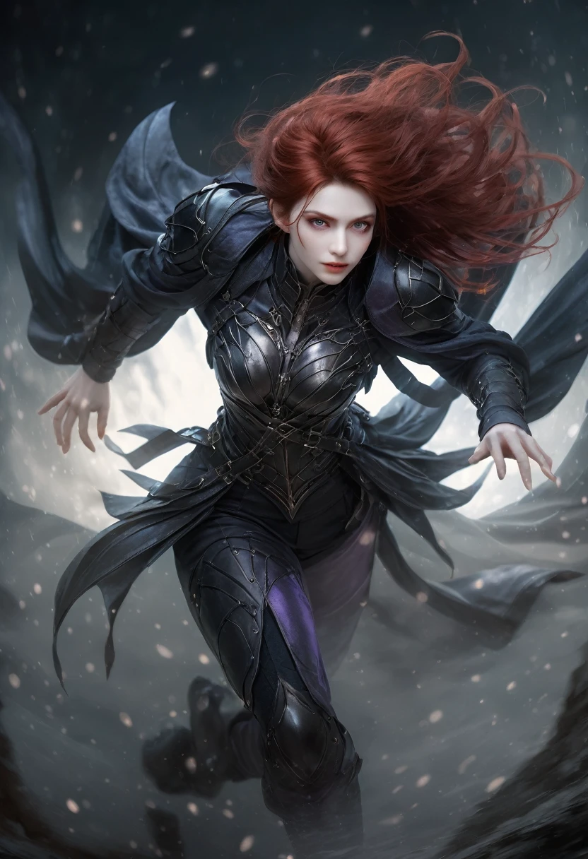 very young vampire princess,, breathtakingly beautiful, deep blue eyes, Red hair,(best qualityer,4K,8k,high resolution,work of art:1.2),ultra detali,(realisitic,photorealisitic,photo-realisitic:1.37, raw quality),softly glowing pale skin,pure blood,porcelain complexion,elegant and refined features,funny posture,dark and mysterious atmosphere,gothic fashion,black flowing lace dress,touch of red in your clothes,delicate silver jewelry with ruby details,subtle smile, but captivating,slightly pointed canines,translucent wings that resemble bat wings,subtle shimmering effect on their wings,gardens full of blooming blood roses,bright red petals contrasting with the darkness,enchanting moonlit night,dark and eerily beautiful castle in the background,splashes of moonlight illuminating its ethereal beauty,dark shadows and dramatic lighting,icy gaze that freezes the heart of anyone who dares to look at her,air of authority and power,symbol of danger and fascination,night sky filled with swirling mist and twinkling stars,subtle color palette with deep blue tones,purple,and black,soft lighting with soft moonlight casting an ethereal glow,vibrant and elegant style,with a touch of darkness and mystery,portraits,fancy,horor,cementary, detail on the hand, detail fingers