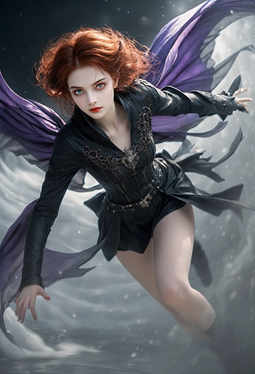 very young vampire princess,, breathtakingly beautiful, deep blue eyes, Red hair,(best qualityer,4K,8k,high resolution,work of art:1.2),ultra detali,(realisitic,photorealisitic,photo-realisitic:1.37, raw quality),softly glowing pale skin,pure blood,porcelain complexion,elegant and refined features,funny posture,dark and mysterious atmosphere,gothic fashion,black flowing lace dress,touch of red in your clothes,delicate silver jewelry with ruby details,subtle smile, but captivating,slightly pointed canines,translucent wings that resemble bat wings,subtle shimmering effect on their wings,gardens full of blooming blood roses,bright red petals contrasting with the darkness,enchanting moonlit night,dark and eerily beautiful castle in the background,splashes of moonlight illuminating its ethereal beauty,dark shadows and dramatic lighting,icy gaze that freezes the heart of anyone who dares to look at her,air of authority and power,symbol of danger and fascination,night sky filled with swirling mist and twinkling stars,subtle color palette with deep blue tones,purple,and black,soft lighting with soft moonlight casting an ethereal glow,vibrant and elegant style,with a touch of darkness and mystery,portraits,fancy,horor,cementary, detail on the hand, detail fingers