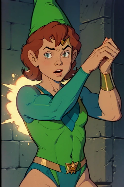 a redhead cartoon character, wonder woman outfit, green leotard, very muscular, male wizard, 1980s cartoon, animated episode still, Presto (((mad))), ((Wears a wizard hat))