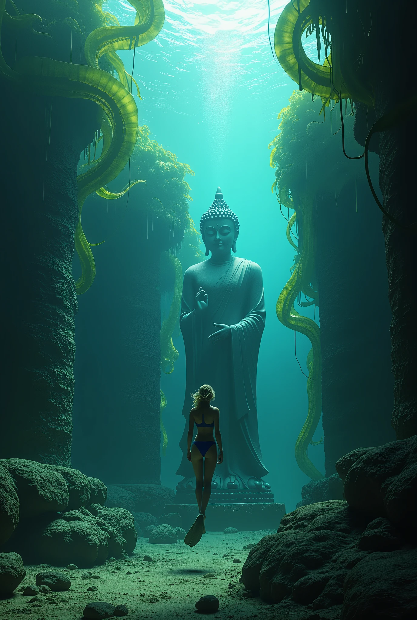 Jane Mansfield (Scuba diver, air tank, itty bitty bikini) is deep underwater, large kelp grows near a ancient sunken Buddha Statue, ruins nearby, lots of light distortion like rippling water