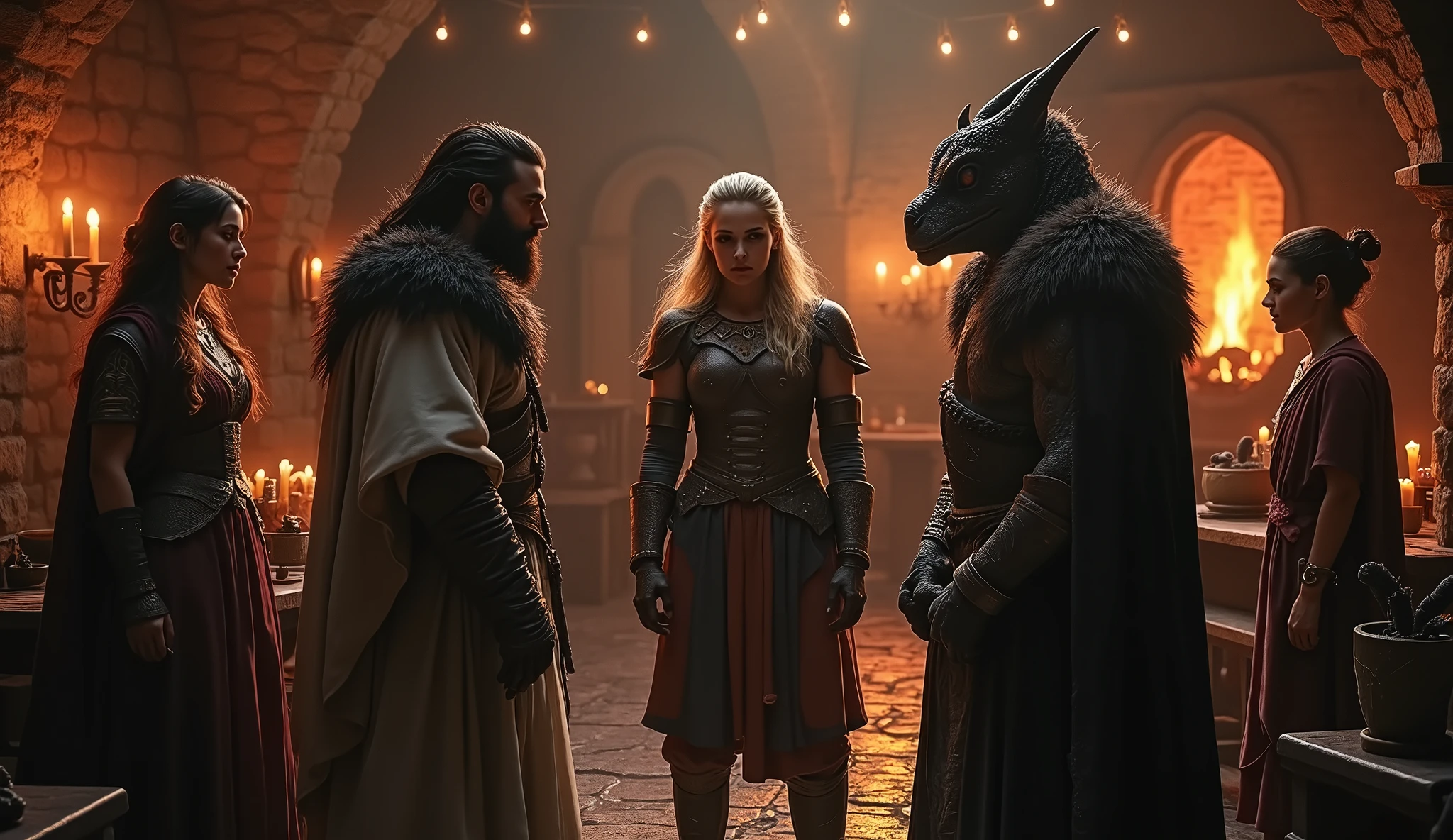 in a medieval tavern, 1female human, 1male elf, 1male orc, 1dragon humanoid, 1female halfling. bidding farewell, detailed, cinematic lighting, intricate details, warm color palette, dramatic shadows, moody atmosphere, fantasy art