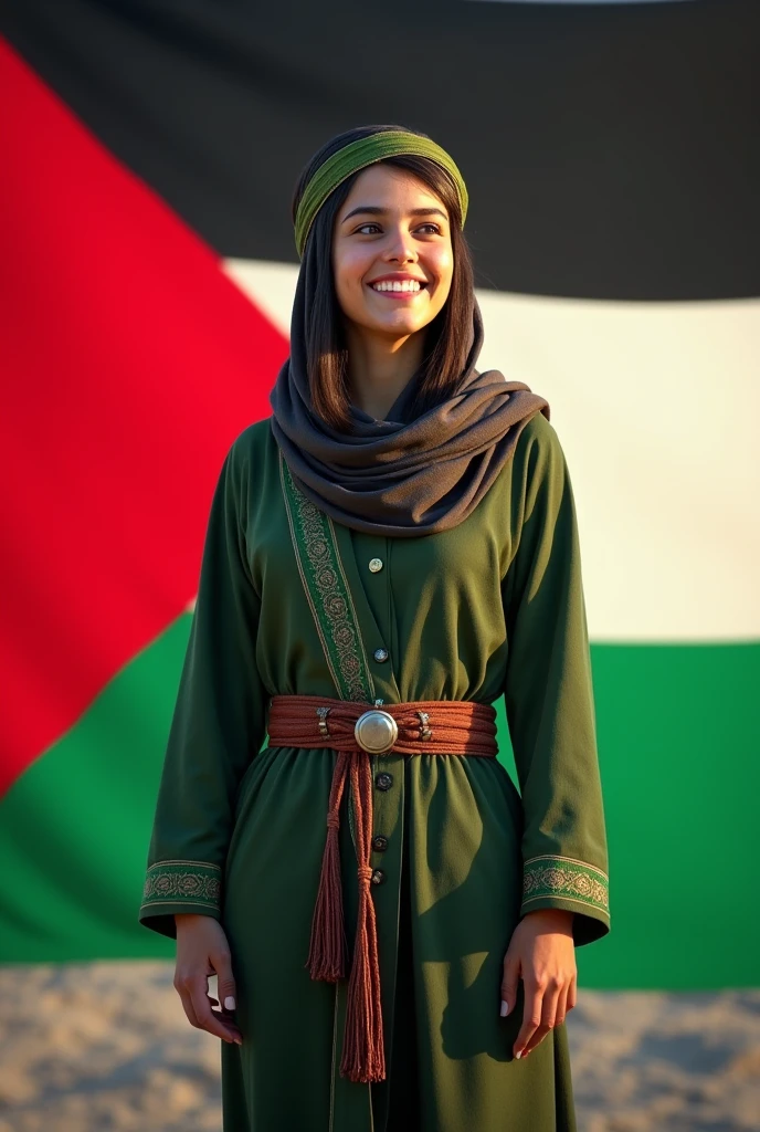 A Palestine flag full background and a girl is standing after that background wearing lose türbin and green black red combination kameez with a smile realistically