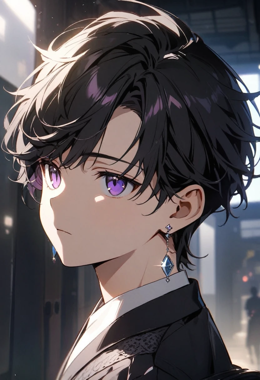 small boy, cute, black hair, handsome, diamond earrings, purple eyes, half eyes, glazing in the distance