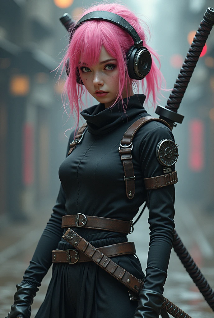 Full body ninja girl,with headphones on and pink hair,in a batalka pose and with two katanas crossed on the back.visualize the whole body down to the shoes.,improve it with ninja details but improved,put the best details that exist in illustrations.