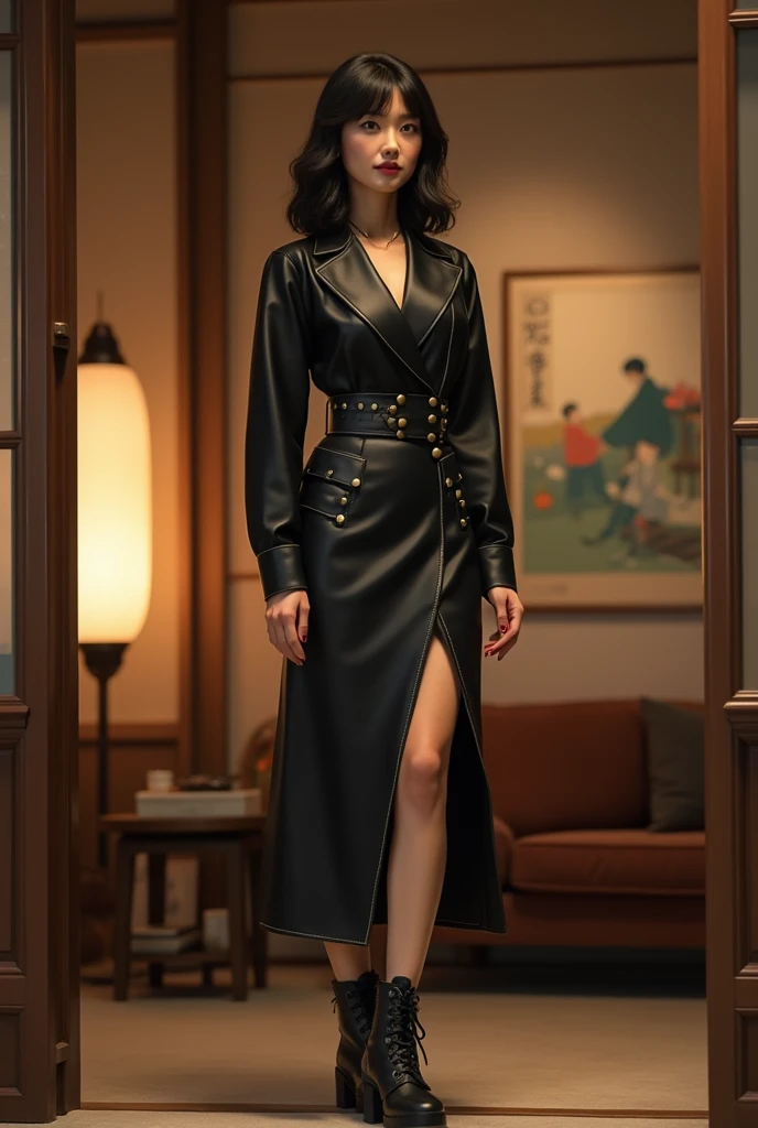 Leather skirt、boots、Shortcuts、Japanese,40s、indoor、
