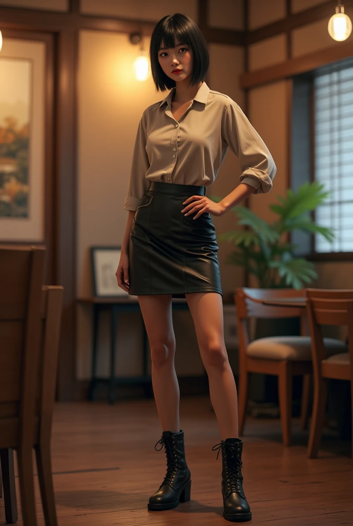 Leather skirt、boots、Shortcuts、Japanese,40s、indoor、