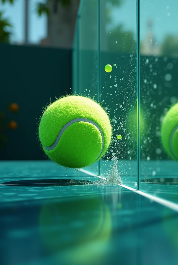 Logo for padel team, padel ball hitting the glass, trajectory of the ball hitting the glass and then hitting the ground, the green padel ball.