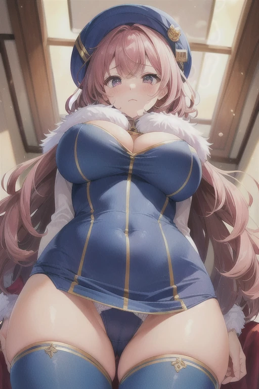 ((Best Quality)), ((masterpiece)), ( Very detailed), 1 girl, blue tight dress, pink fur, detailed wavy hair, big breasts, wide hips, white panties, looking at the viewer, sad face,((Whole body)),((view from below)) 