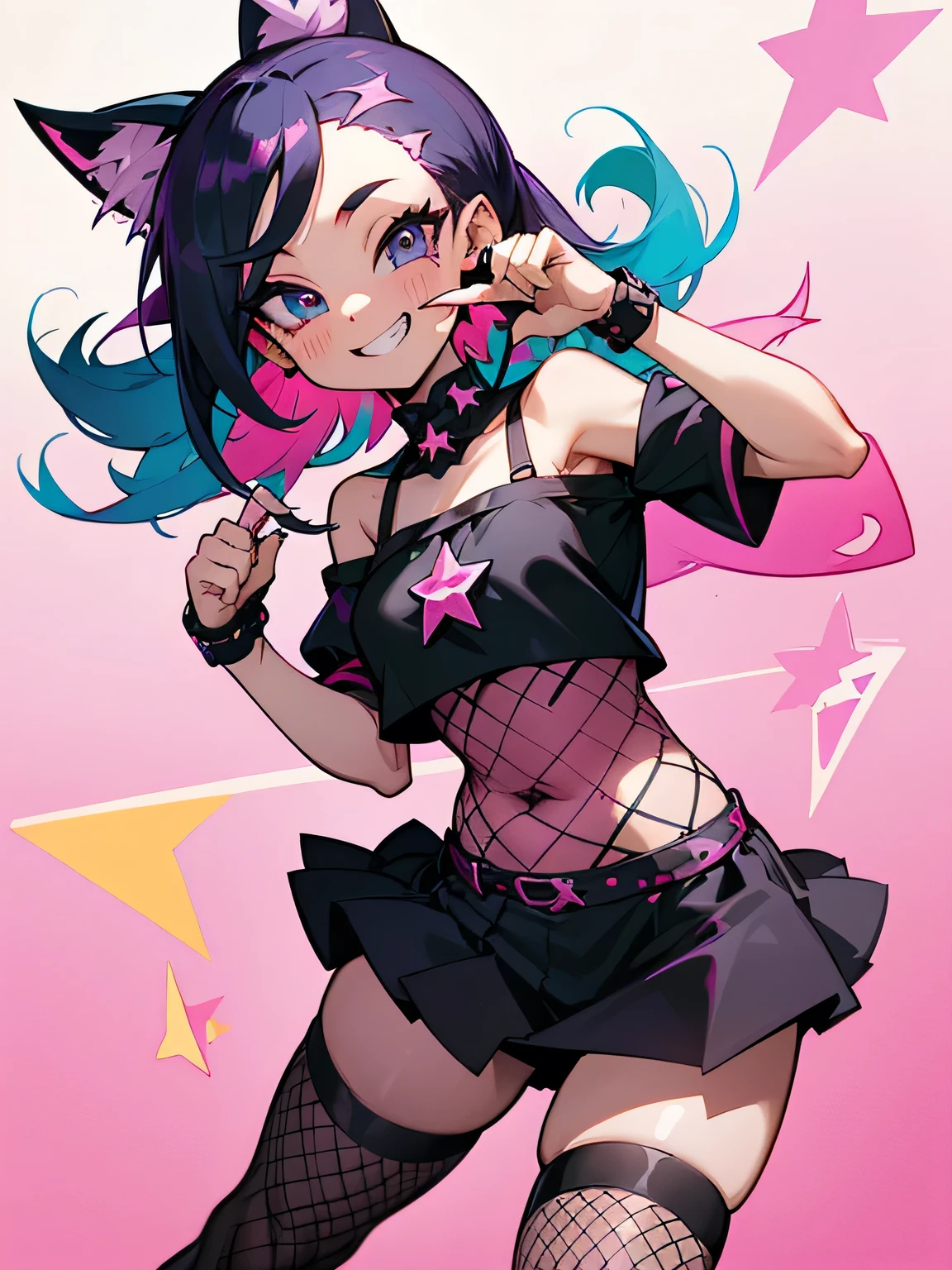solo,(looking at viewer:1.2),(leaning foward:1.3), wariza, multicolor curly sideup hair, (tsurime), big forehead, eyelash, punk lady clothing, offshoulder, black camisole, pink miniskirt, fishnet stockings, punk rock image, Sing a song、(diva),(I am the star)、grin