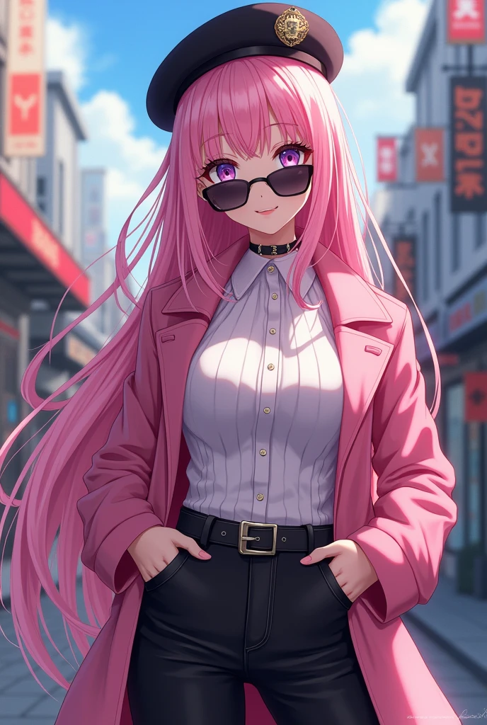 4K, realisitic, highy detailed, super detailed eyes, Trendy clothes, pink coat, french beret, black pants with belt, long hair, in town, pink hair, purples eyes, yae miko, wearing fashionable sunglasses,