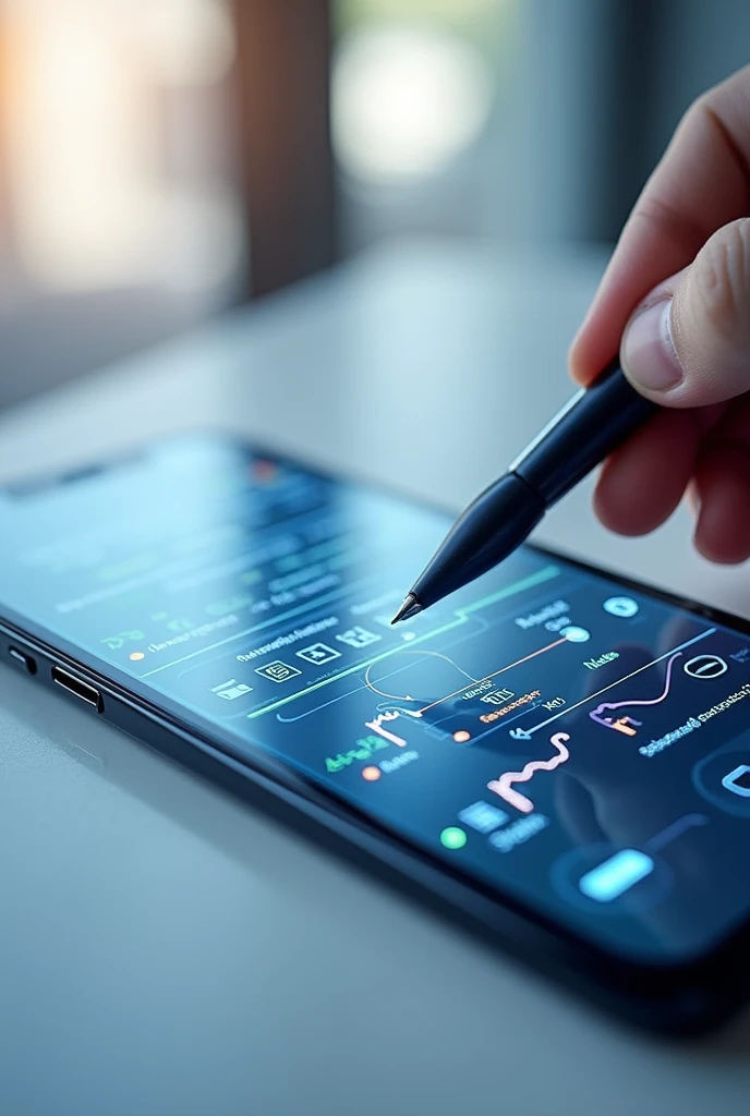 The display screen from the application on the smartphone shows the recorded data written on the Smart Pen. It has features that can manage documents, edit text, and convert handwriting to type immediately.