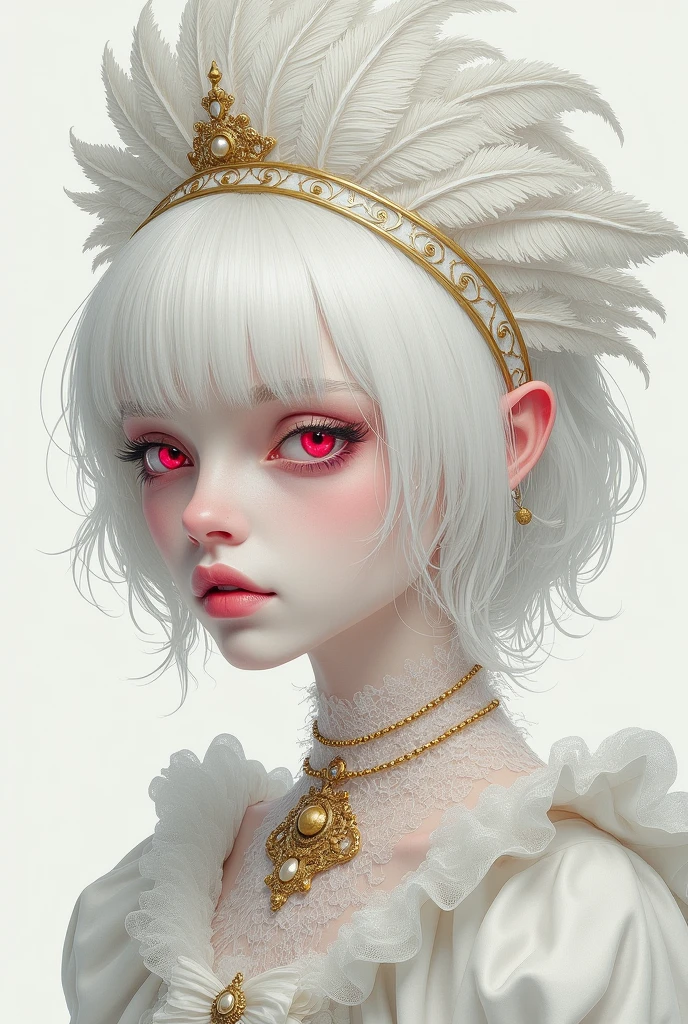 Dark drawing style, Bad-faced woman with small, slanted, almost red pink eyes but with short, layered hair and white eyelashes, totally albino, with skin as pale as snow., She wears a white mesh in the middle of her face that covers her face a little and a small feather headdress on top of her hair., elegant white clothes like a duchess, clothes full of gold accessories. His expression is almost always arrogant.. Pink undertones in illustration 