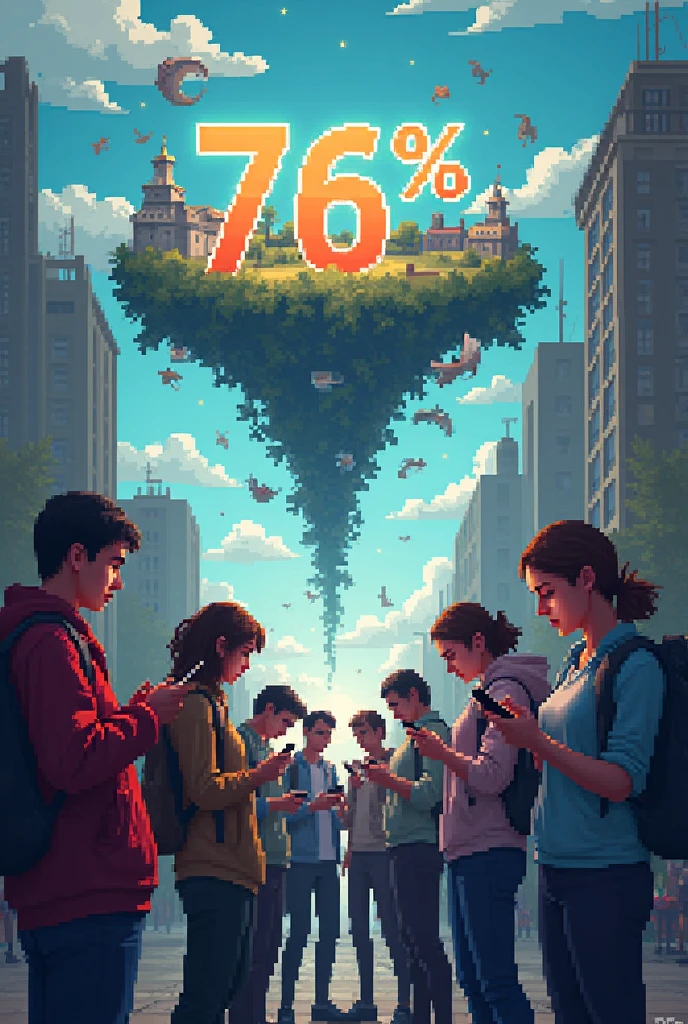 Several people next to each other using their cell phones, fantasy and pixel world Above their heads is the number 76%