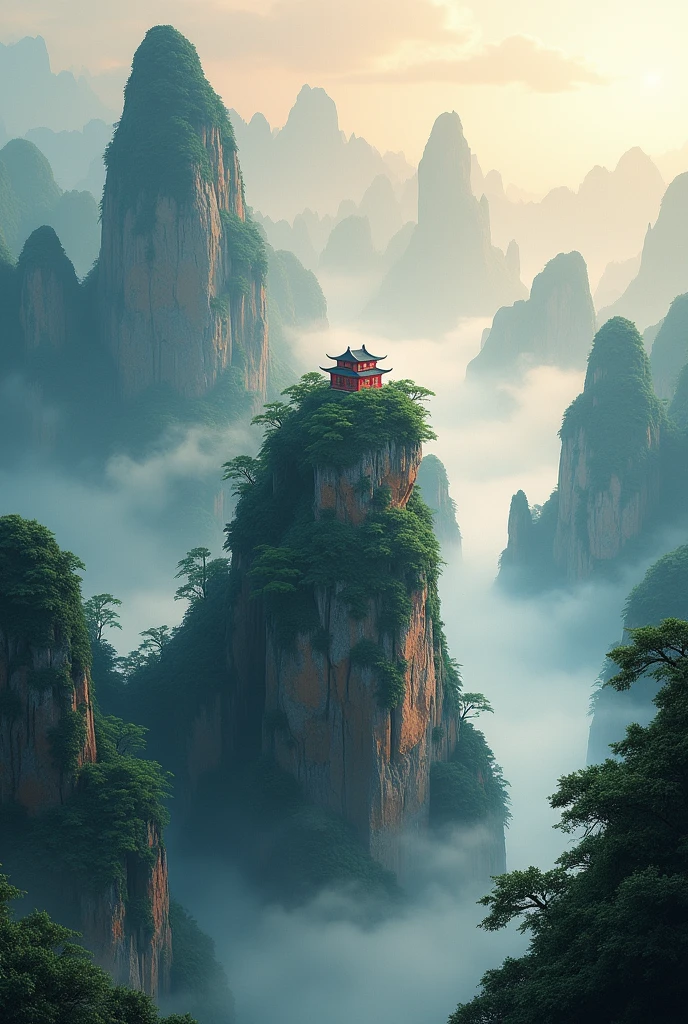 mountains with a small red building on top of them, by Cheng Jiasui, chinese landscape, by Yuan Jiang, an amazing landscape image, zhangjiajie in early morning, by Liu Haisu, by Raymond Han, breathtaking mountains, by Xia Yong, floating mountains, incredibly beautiful, by Ren Xiong, zhangjiajie national forest park
