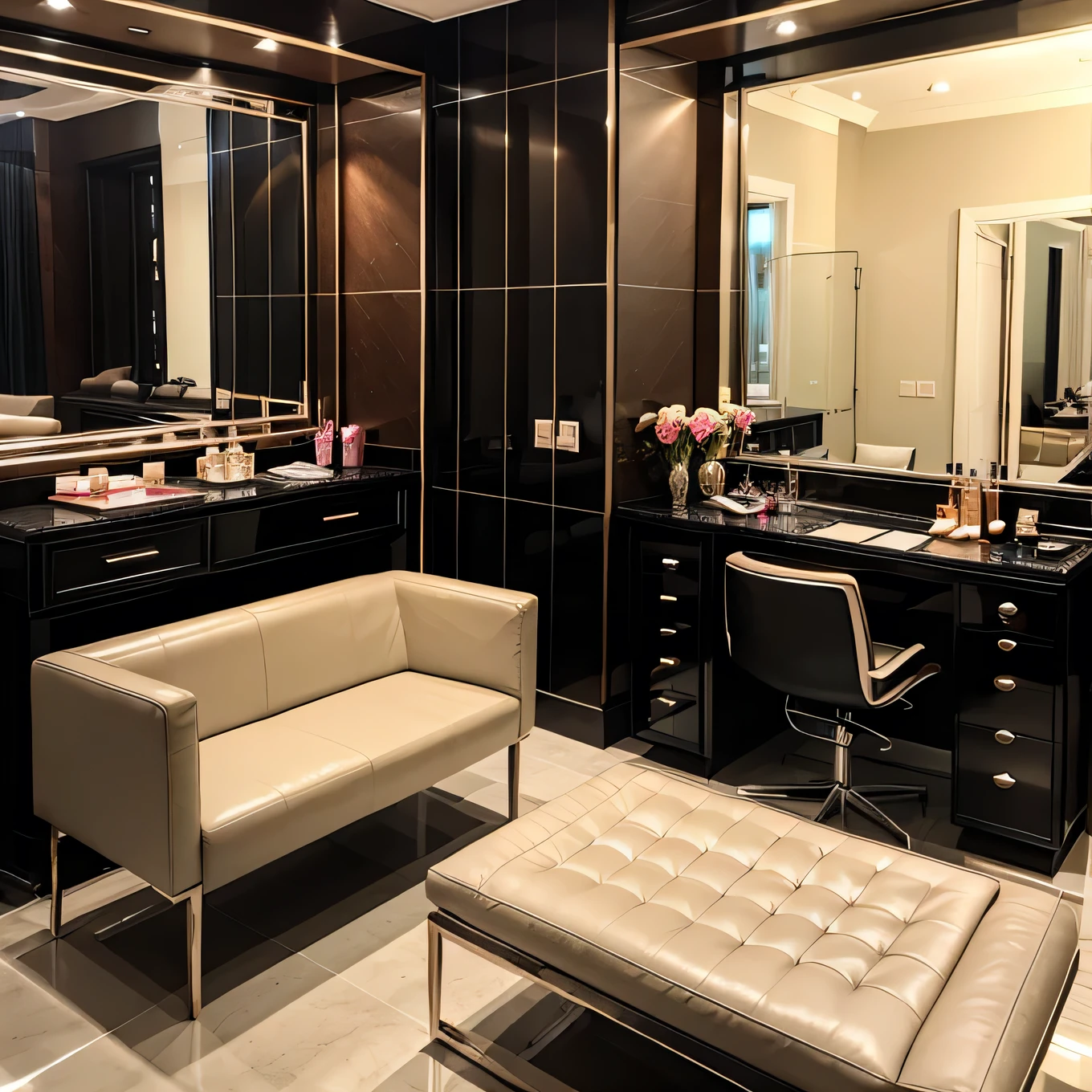Very beautiful luxury room with makeup materials like foundation lipsticks very lightning with and having salon material very beautiful beauty parlour 