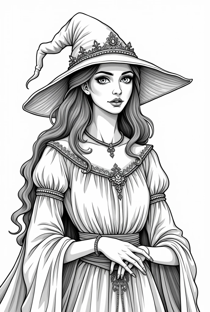 A 4k quality adult coloring book page of a witch, based on historic writings, high detail, no color, no darkened areas, no grey scale, no shadow.