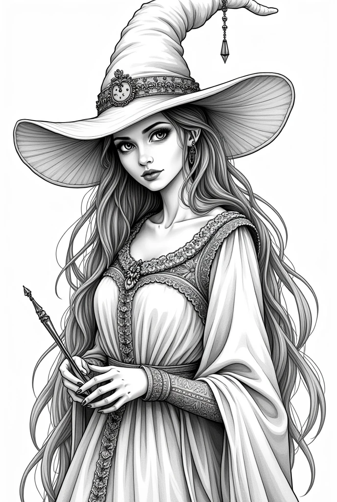 A 4k quality adult coloring book page of a witch, based on historic writings, high detail, no color, no darkened areas, no grey scale, no shadow.