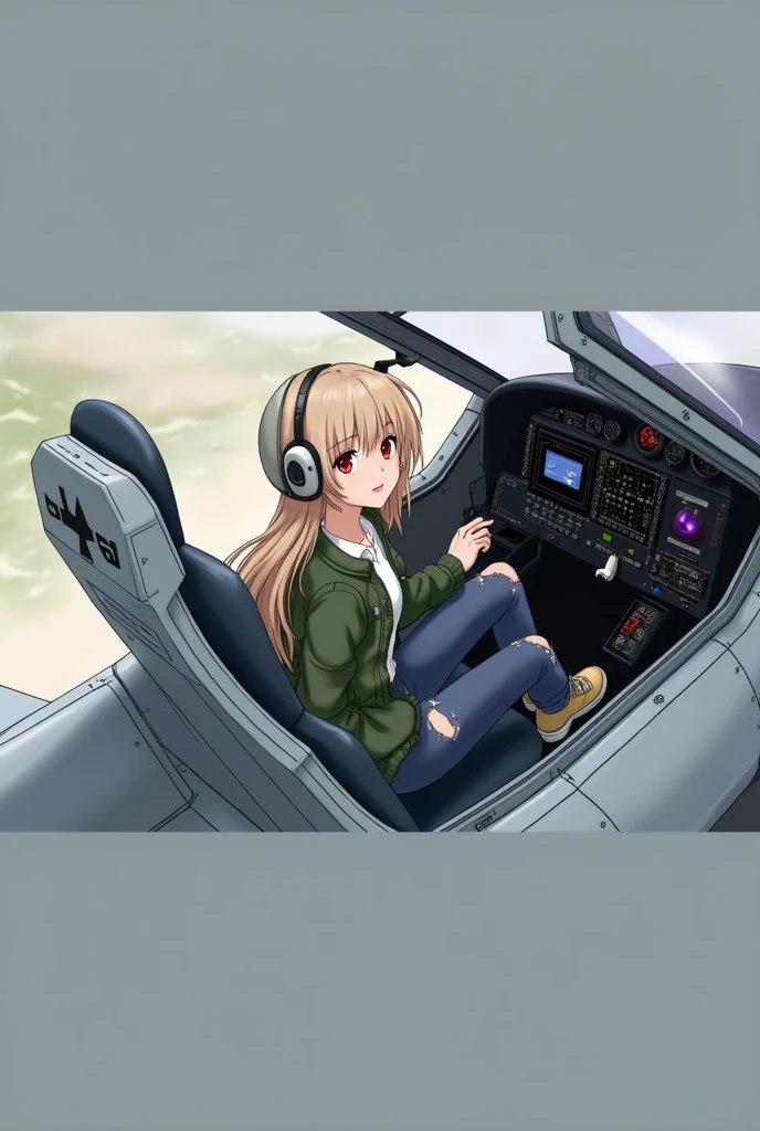 A beautiful adult  Japanese anime girl with blonde  hair and smooth  pale  skin with red eyes  she has medium sized chest and wears a white shirt with  blue ripped jeans and white  Beige sneakers and had a green bomber jacket on  with a grey  us Air Force HGU-55 flight  helmet  beside her (the inside of the jet has an ejection seat the the l avionics  and  other buttons/switches visible in the cockpit