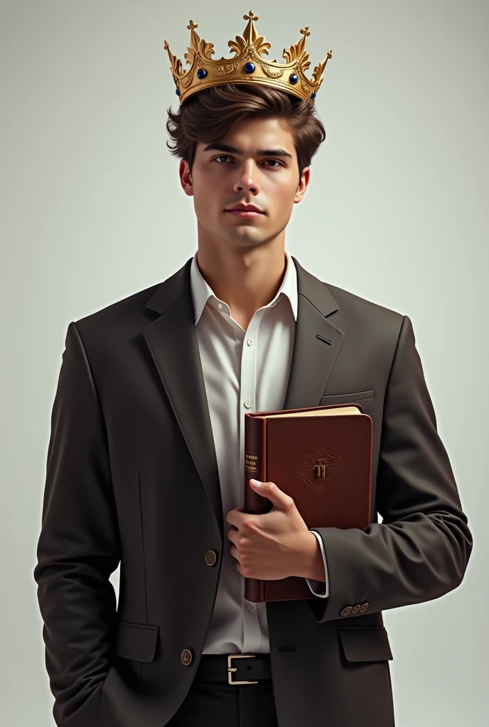 A modern young man holding a bible and wearing a crown on his head.