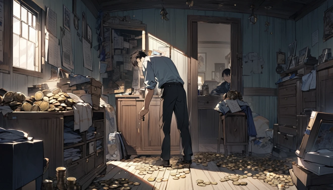 In his room, keeping a household account, one man, 3, with a dark, sad look on his face, holding his head in disappointment, his coins scattered about.